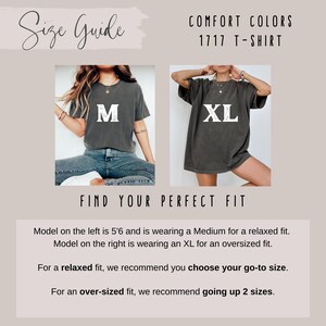 May include: Size guide image for a Comfort Colors 1717 T-shirt. The image shows two models wearing the shirt in sizes M and XL. Text on the image reads "Find Your Perfect Fit" and provides sizing recommendations for relaxed and oversized fits.