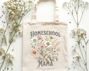 Homeschool Mama Boho Floral Canvas Tote Bag, Homeschool Mom Gift, Bible Verse School Bag, Homeschool Teacher Gift, Homeschool Teacher Bag