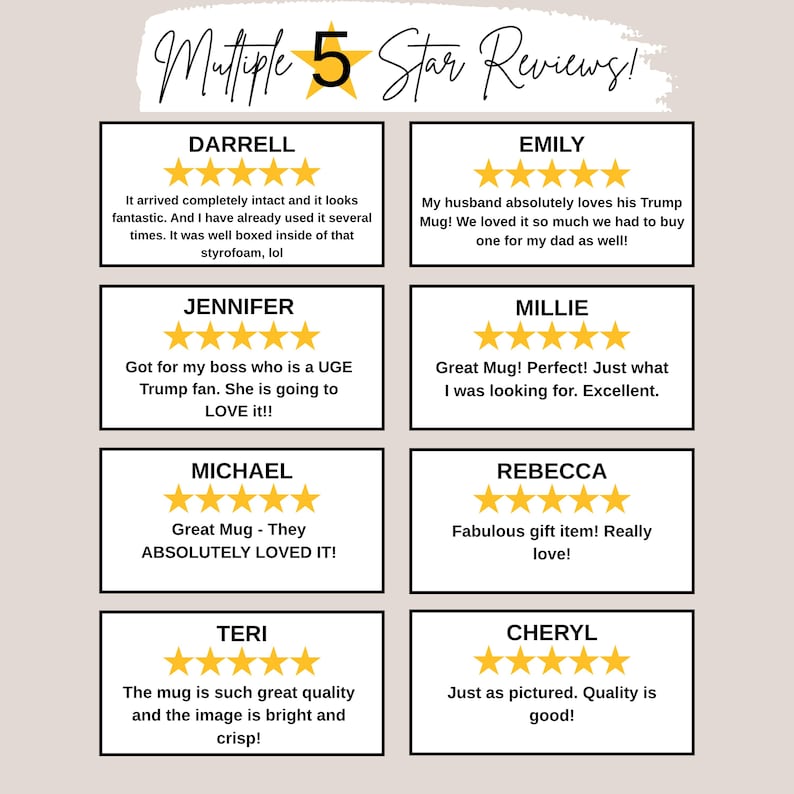 K&ouml;nnte beinhalten: Bild mit Kundenbewertungen und der &Uuml;berschrift "Multiple 5 Star Reviews!". Jede Bewertung enth&auml;lt einen Namen, eine 5-Sterne-Bewertung und einen Kommentar zu einem Becher. Die Bewertungen sind in schwarzen K&auml;stchen dargestellt.