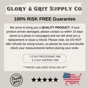 May include: A graphic with the text "GLORY & GRIT SUPPLY CO." and "100% RISK FREE Guarantee." Additional text details product quality, returns, and processing/shipping times. Includes a "Thank you" graphic, five stars, and a US flag.