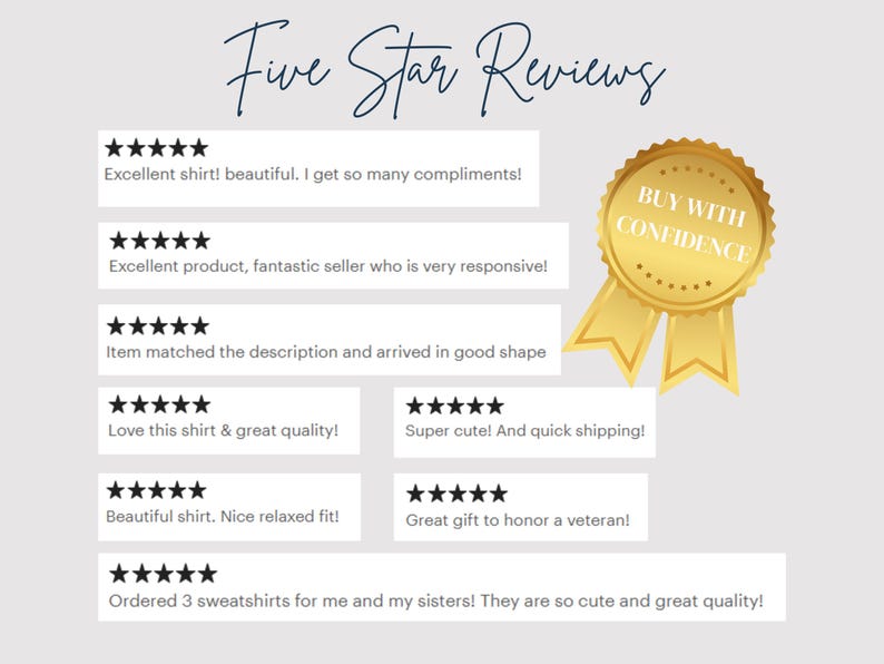 May include: A graphic displaying customer reviews with five-star ratings. Text includes phrases like "Excellent shirt!" and "Love this shirt & great quality!" A gold seal with a ribbon reads "BUY WITH CONFIDENCE."