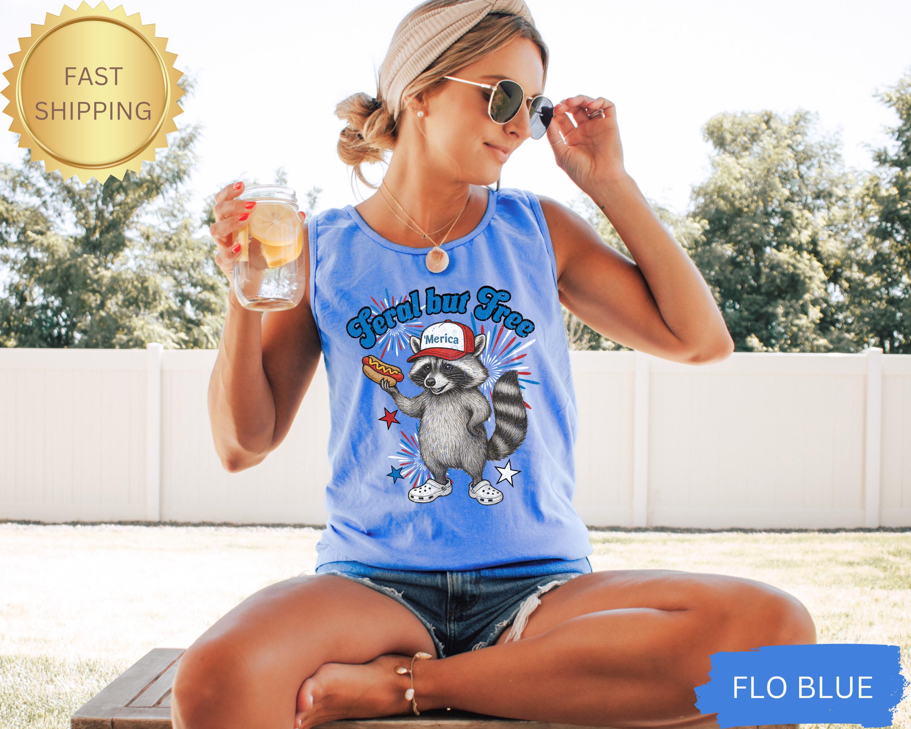 Feral But Free Tee Red White and Feral Raccoon Tank, Funny 4th of July Memorial Day Top, Comfort Colors Summer Shirt Funny, Tank Top