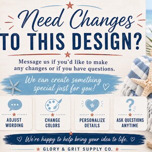 May include: A beach-themed graphic with text that reads "Need Changes TO THIS DESIGN?" and "We can create something special just for you!" with icons for adjusting wording, changing colors, personalizing details, and asking questions. A starfish and a striped towel are also visible.