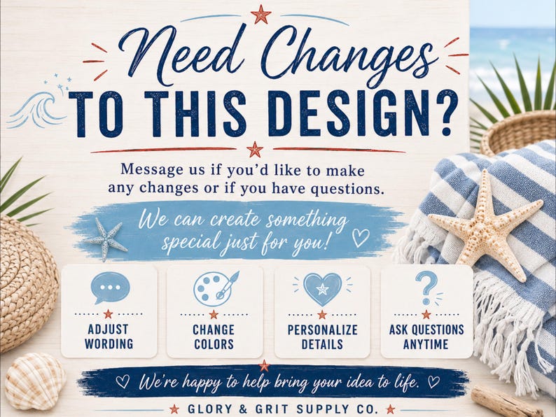 May include: A beach-themed graphic with text that reads "Need Changes TO THIS DESIGN?" and "We can create something special just for you!" with icons for adjusting wording, changing colors, personalizing details, and asking questions. A starfish and a striped towel are also visible.