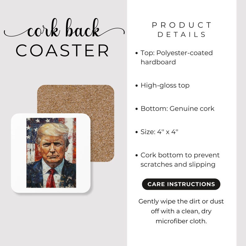 K&ouml;nnte beinhalten: Quadratischer Untersetzer mit Korkr&uuml;cken. Der Untersetzer zeigt ein Portr&auml;t eines Mannes in Anzug und roter Krawatte vor dem Hintergrund der amerikanischen Flagge. Der Untersetzer misst 10 cm x 10 cm.