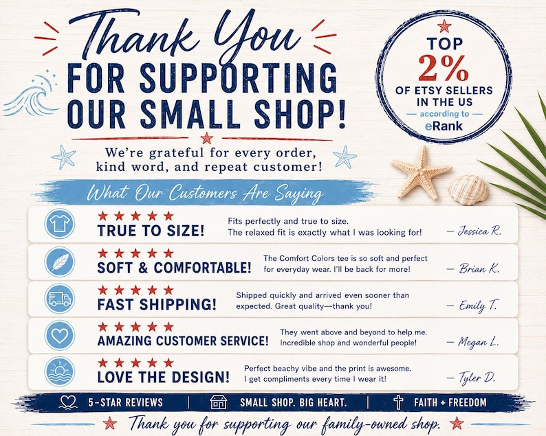 May include: A graphic with text that reads "Thank You For Supporting Our Small Shop!" and customer reviews. The image includes a starfish, a seashell, and a badge stating "Top 2% of Etsy Sellers in the US."