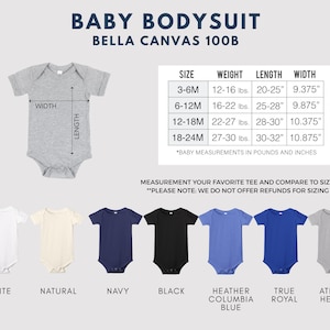 May include: A gray baby bodysuit with measurements in inches and pounds. The image shows a size chart with measurements for babies aged 3-24 months. Available colors include white, natural, navy, black, and heather blue.