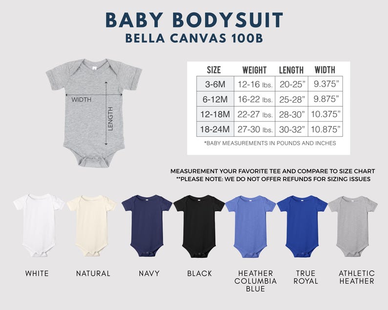 May include: A gray baby bodysuit with measurements in inches and pounds. The image shows a size chart with measurements for babies aged 3-24 months. Available colors include white, natural, navy, black, and heather blue.