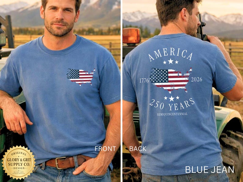 May include: Blue jean-colored t-shirt with a distressed American flag design in the shape of the United States. The front features a small flag graphic, while the back displays "AMERICA" and "250 YEARS" with the years 1776 and 2026.