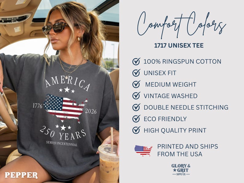 May include: Dark gray unisex tee with "AMERICA" text and a US flag map design. Features the text "1776" and "2026" with "250 YEARS" below. The shirt is labeled "Comfort Colors" and "1717 UNISEX TEE".