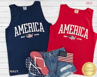 America EST 1776 Flag Tank Top, 4th of July Comfort Colors Shirt Memorial Day Shirt Patriotic Independence Day USA 250th Red White Blue Tank