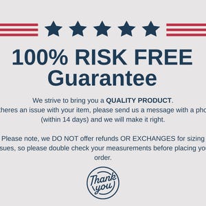 K&ouml;nnte beinhalten: Grafik mit roten und wei&szlig;en Streifen und f&uuml;nf blauen Sternen oben. Der Text lautet "100% RISIKOFREI Garantie" und enth&auml;lt eine Nachricht &uuml;ber Produktqualit&auml;t und R&uuml;cksendungen. Unten befindet sich ein "Danke"-Logo.