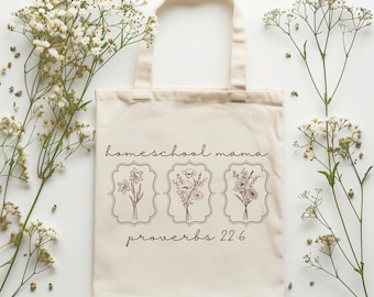 Homeschool Mama Boho Floral Canvas Tote Bag, Homeschool Mom Gift, Bible Verse School Bag, Homeschool Teacher Gift, Homeschool Teacher Bag