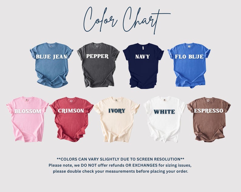 May include: A color chart displaying nine t-shirts in various colors, including blue jean, pepper, navy, and flo blue. The text "Color Chart" is at the top. The shirts are labeled with their respective colors in white text.