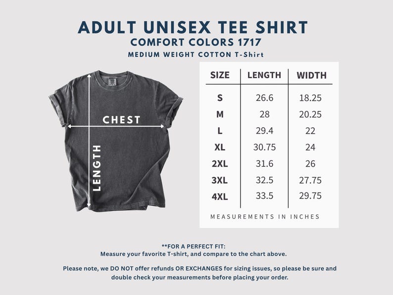 May include: A dark gray unisex t-shirt with the text "ADULT UNISEX TEE SHIRT" and a size chart with measurements in inches. The shirt is displayed with chest and length measurements. The chart includes sizes S to 4XL.
