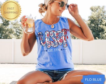 Comfort Colors USA Tank 4th of July Tee Floral USA Shirt Summer Patriotic Memorial Day Tee for women, America EST 1776 Red White Blue Shirt