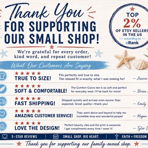 May include: A graphic with text that reads "Thank You For Supporting Our Small Shop!" and customer reviews. The image includes a starfish, seashell, and a badge stating "Top 2% of Etsy Sellers in the US."