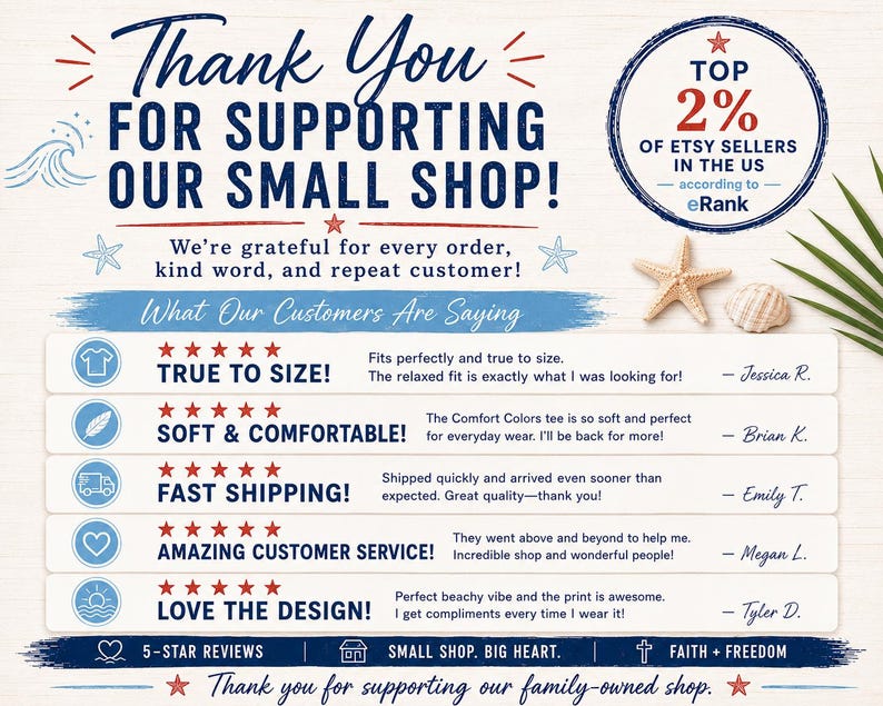 May include: A graphic with text that reads "Thank You For Supporting Our Small Shop!" and customer reviews. The image includes a starfish, seashell, and a badge stating "Top 2% of Etsy Sellers in the US."