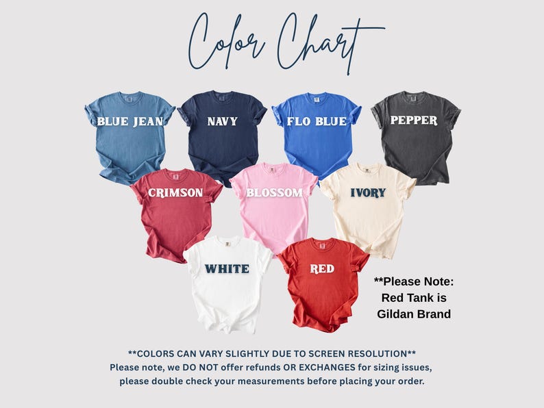 K&ouml;nnte beinhalten: Eine Farbkarte zeigt T-Shirts in verschiedenen Farben, darunter Blue Jean, Navy, Flo Blue, Pepper, Crimson, Blossom, Ivory, Wei&szlig; und Rot. Der Text "Color Chart" steht oben. Das rote Tanktop ist von der Marke Gildan.