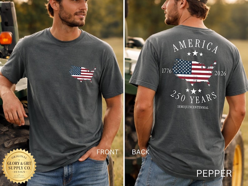 May include: Pepper-colored t-shirt with a small American flag graphic on the front and a larger flag design on the back, celebrating 250 years. The shirt includes the text "AMERICA 1776-2026 250 YEARS SEMIQUINCENTENNIAL".