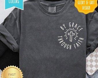 By Grace Through Faith Shirt, Christian Comfort Colors Graphic Shirt, Minimalist Religious Tshirt Boho Bible Verse Tee Faith Shirt Jesus Tee
