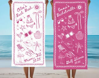 Personalized Bachelorette Beach Towel, Custom Name & Location Bridal Party Gift, Bride Trip Pool Towel, Custom Bridesmaid Wedding Favor Gift