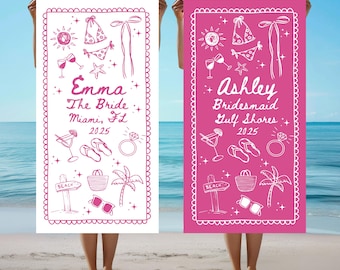 Personalized Bachelorette Beach Towel, Custom Name & Location Bridal Party Gift, Bride Trip Pool Towel, Custom Bridesmaid Wedding Favor Gift