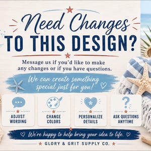 May include: A beach-themed graphic with text that reads "Need Changes TO THIS DESIGN?" and prompts to adjust wording, change colors, personalize details, and ask questions. The design includes a starfish, seashells, and a blue and white striped towel.