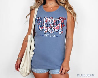Comfort Colors USA Tank 4th of July Tee Floral USA Shirt Summer Patriotic Memorial Day Tee for women, America EST 1776 Red White Blue Shirt
