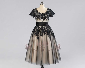 Retro Vintage 50s Black Lace Tea Length Wedding Reception Dress | HERMAN