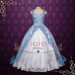 Custom Blue Lace Ball Gown With Keyhole Back, Blue Wedding Dress | OCTOBER