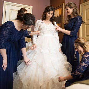 Modest Long Sleeves Wedding Dress with Ruffle Ball Gown Skirt, Rustic Wedding Dress, Conservative Wedding Dress | Cristine