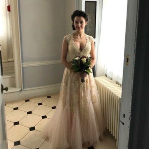 Blush Pink Wedding Dress Plunging Neckline, Lace Wedding Dress, Beach Wedding Dress, Boho Wedding Dress, Unique Wedding Dress | KORI