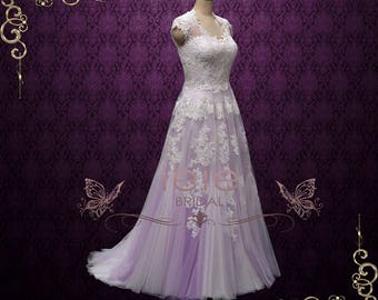 Purple Violet Boho Lace Wedding Dress with Illusion Back, Barn Wedding Dress,  Rustic Wedding Dress, Country Wedding Dress | Korynne