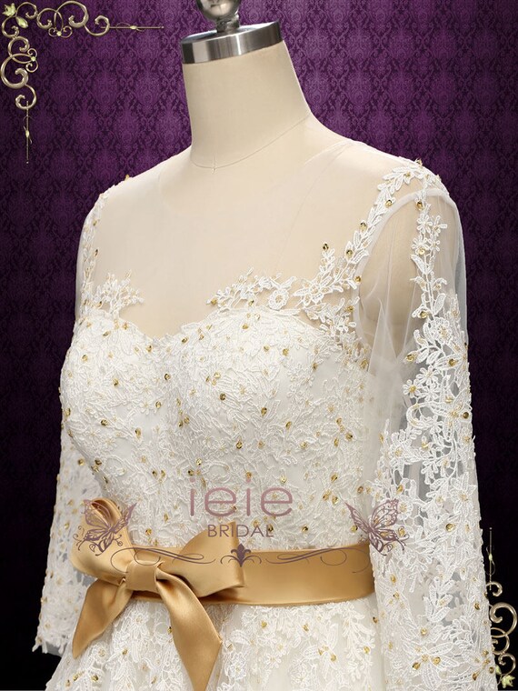 Vintage Style Lace Tea Length Wedding Dress With Gold Accents Etsy