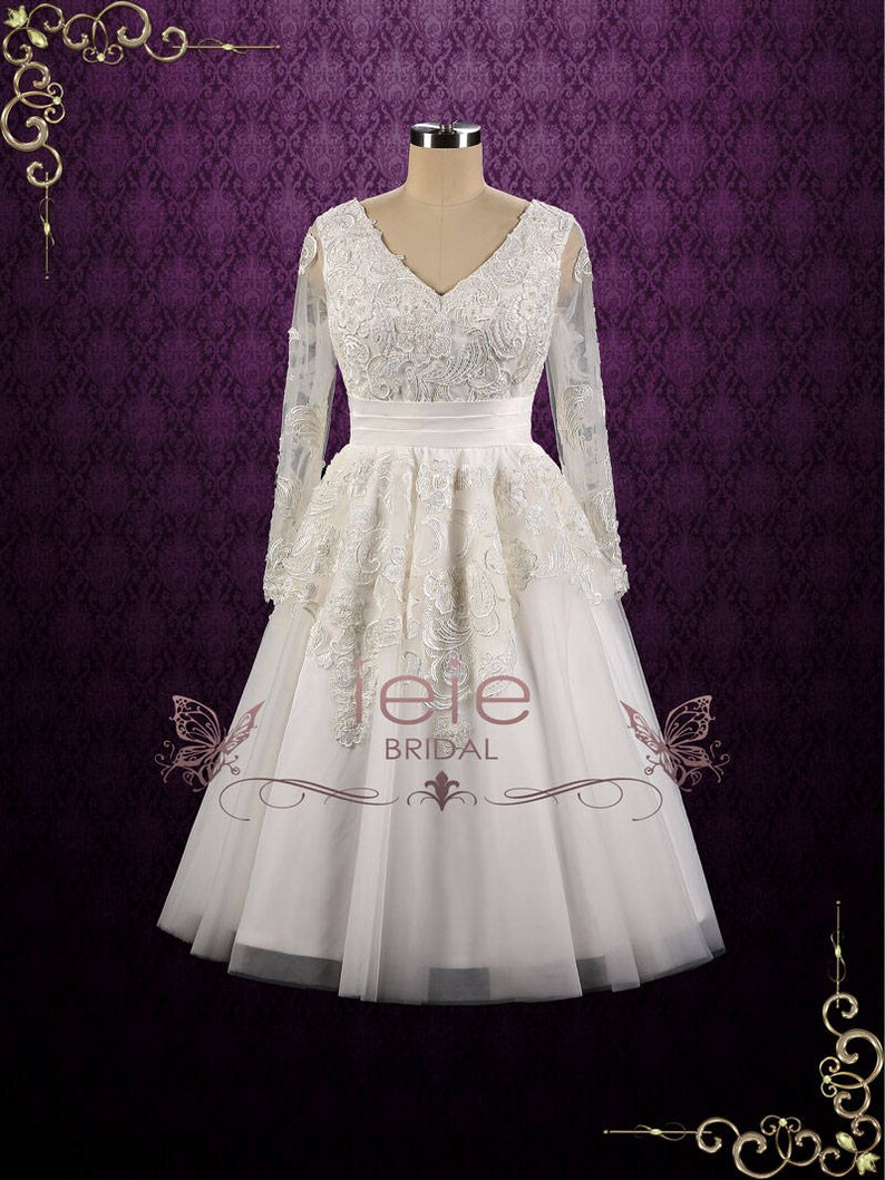 Retro Tea Length Lace Wedding Dress With Long Sleeves | Etsy