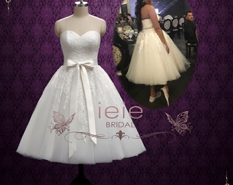 Strapless Retro Vintage Tea Length Lace and Tulle Wedding Dress | FLORA CS170901