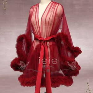 Pink Marabou Fur Illusion Bridal Honeymoon Boudoir Robe, Sexy Lingerie Cici Burgundy