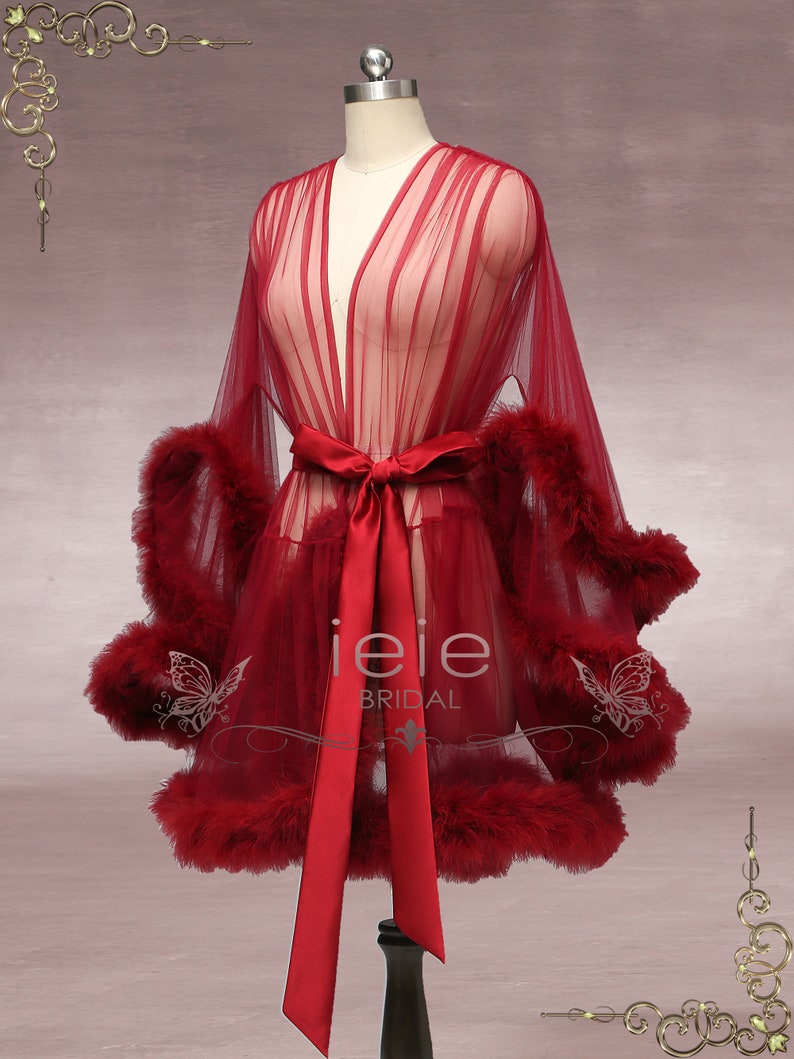 Pink Marabou Fur Illusion Bridal Honeymoon Boudoir Robe, Sexy Lingerie Cici Burgundy