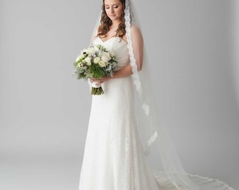 Long Cathedral Lace Mantilla Wedding veil with Eyelash Edge