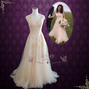 Blush Boho Lace Wedding Dress with Illusion Back, Boho Wedding Dress, Ethereal Wedding Dress, Country Wedding Dress | Korynne