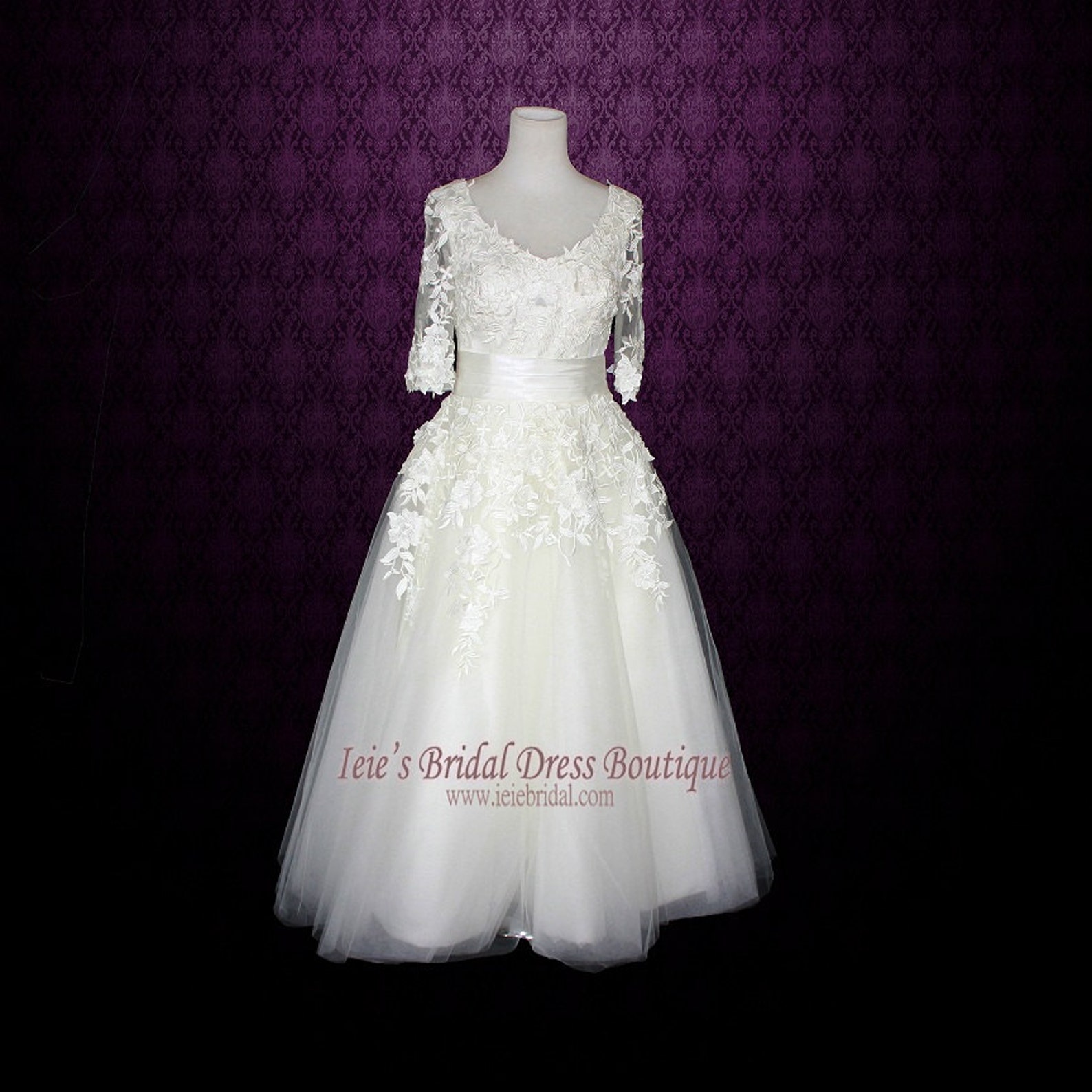 Retro Wedding Dress Tea Length Wedding Dress Long Sleeves | Etsy
