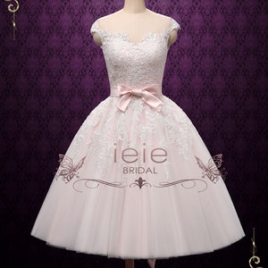 Pearl Pink Retro Tea Length Wedding Dress Prom Dress Formal Dress ...