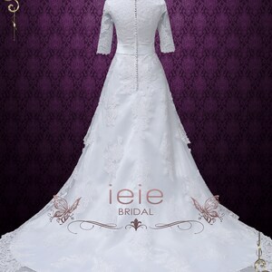 Modest White Lace Wedding Dress with Round Jewel Neck with Sleeves LDS Wedding Dress Laura image 3