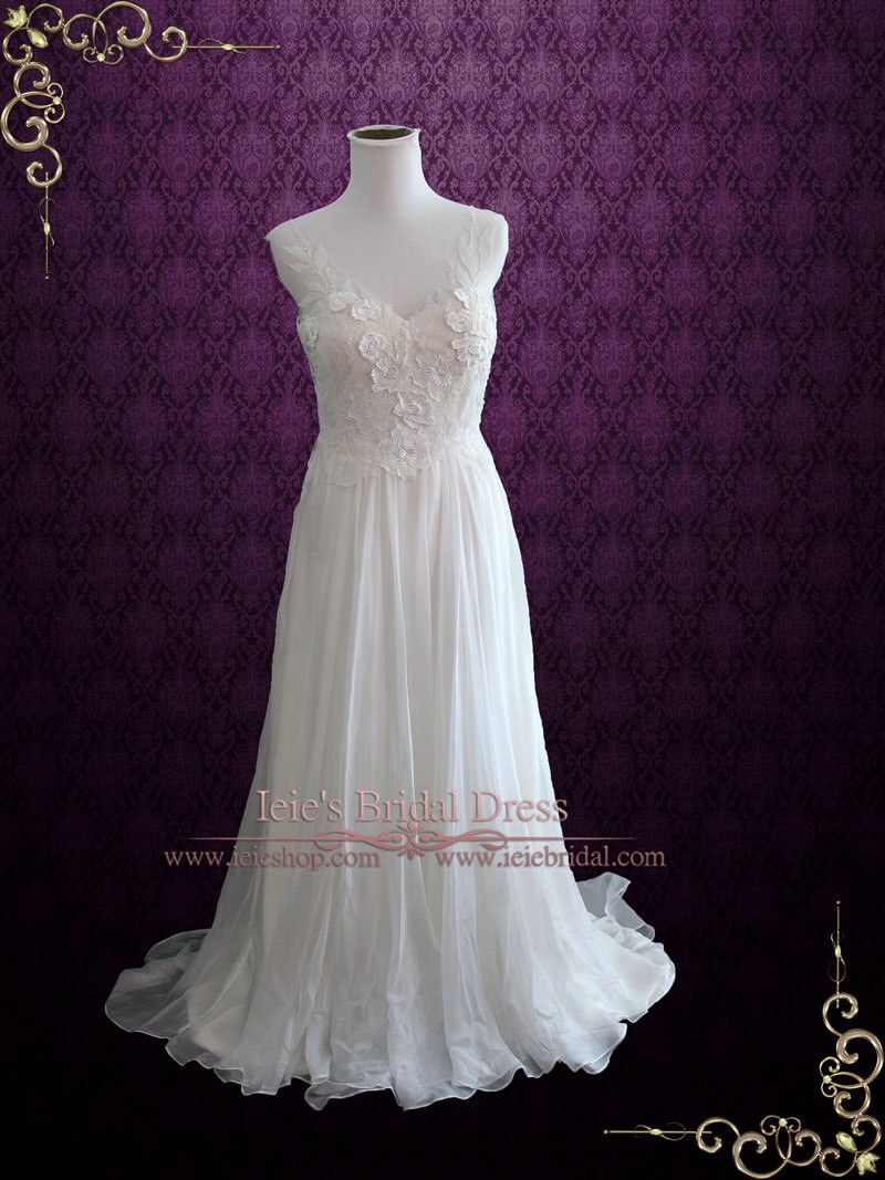 Silk Chiffon Beach Wedding Dress With Floral Lace Appliques | Etsy
