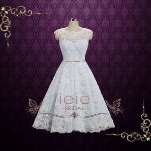 Ice Blue Vintage Lace Tea Length Wedding Dress |  Shannon LG170504