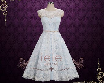 Ice Blue Vintage Lace Tea Length Wedding Dress |  Shannon LG170504