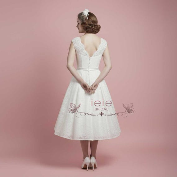 Vintage Lace Tea Length Wedding Dress: 50s Style Beach Bridal Gown Vintage Lace Tea Length Wedding Dress: 50s Style Beach Bridal Gown