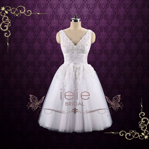 Retro Tea Length Lace Wedding Dress with Floral Lace | Teresa