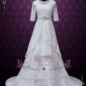 Modest White Lace Wedding Dress with Round Jewel Neck with Sleeves LDS Wedding Dress Laura image 2